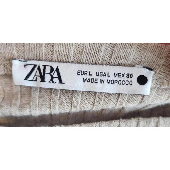 Zara Dress Womens Large Beige Ribbed Knit Sweater Short Sleeve Bodycon Midi - Picture 5 of 5